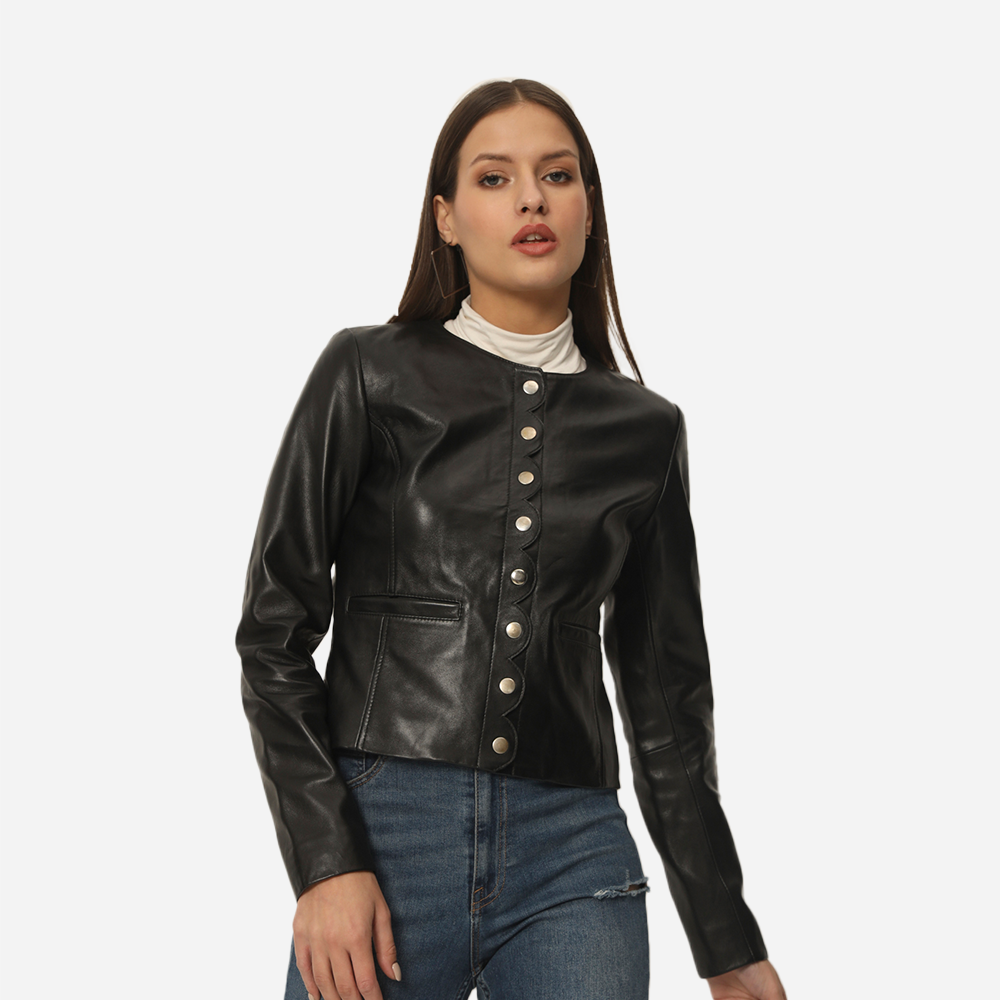Women Collarless Pure Leather Jacket Black