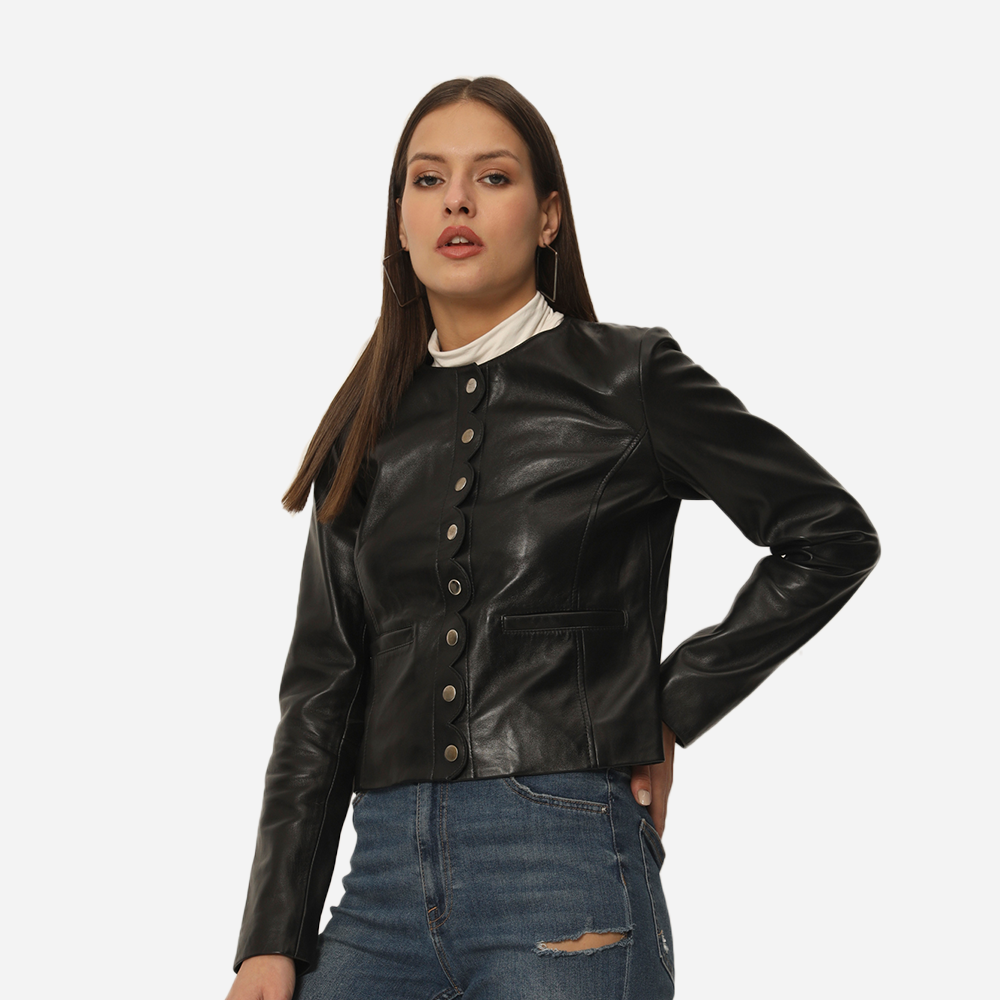 Women Collarless Pure Leather Jacket Black