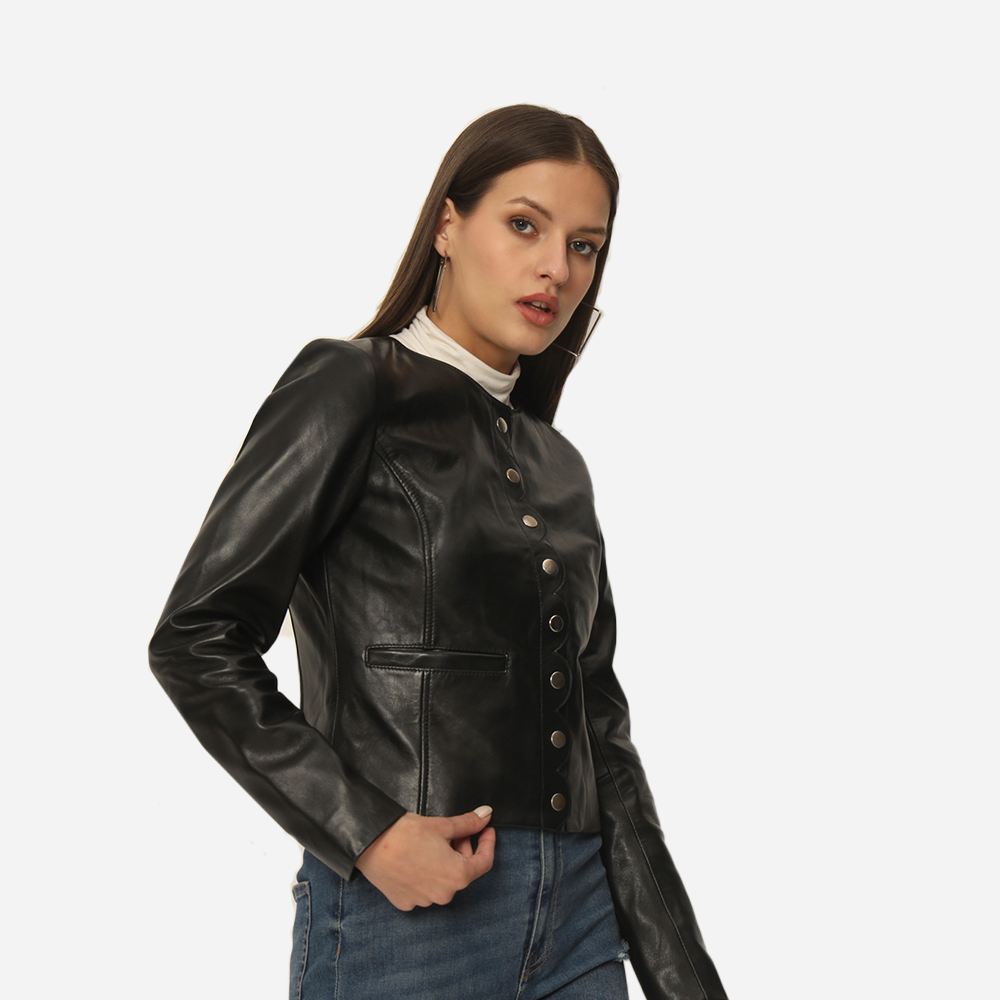 Women Collarless Pure Leather Jacket Black Beriamoclothing