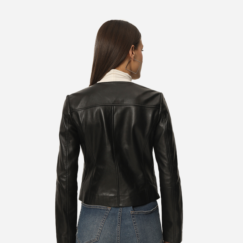 Women Collarless Pure Leather Jacket Black