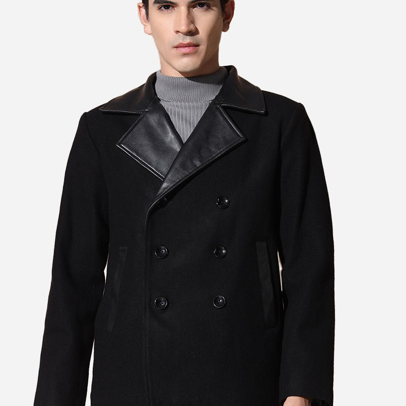 Mens Pure Wool Blazer With Pure Leather Collar