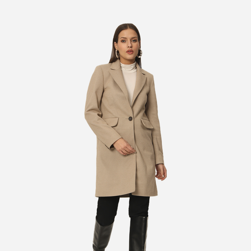 Beige Herringbone Single Button Long Coat