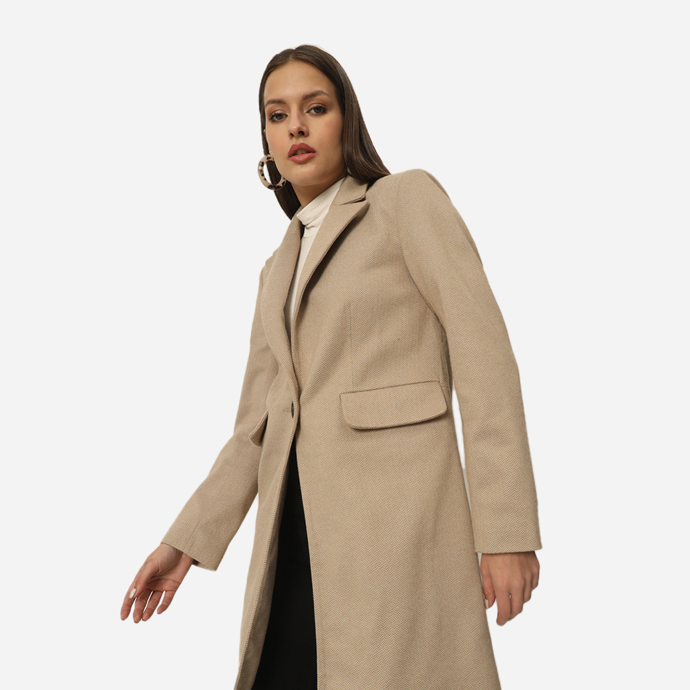 Beige Herringbone Single Button Long Coat