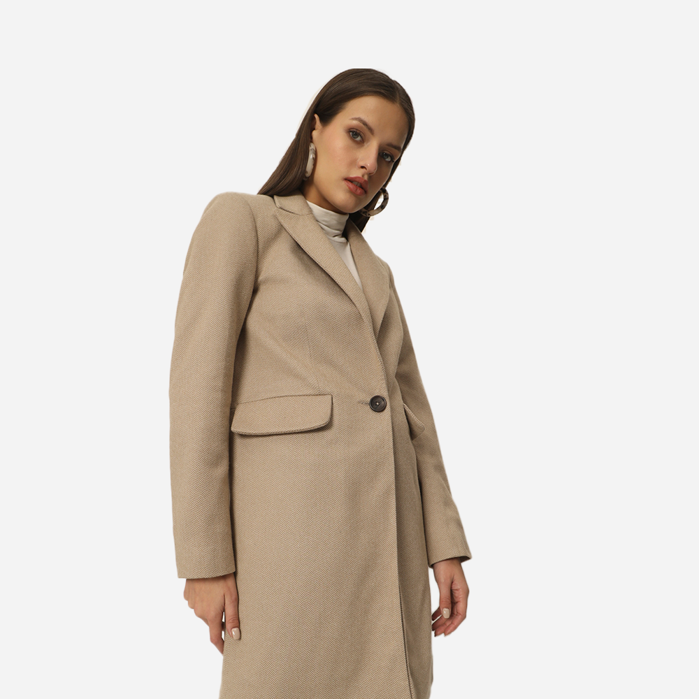 Beige Herringbone Single Button Long Coat