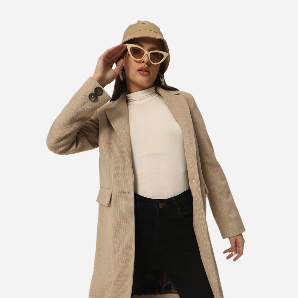 Beige Herringbone Single Button Long Coat