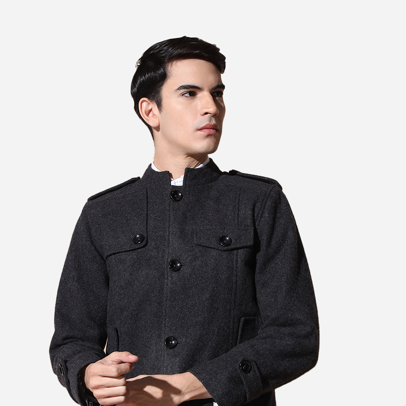 Pure Wool Mandarin Collar Jacket Charcoal Grey