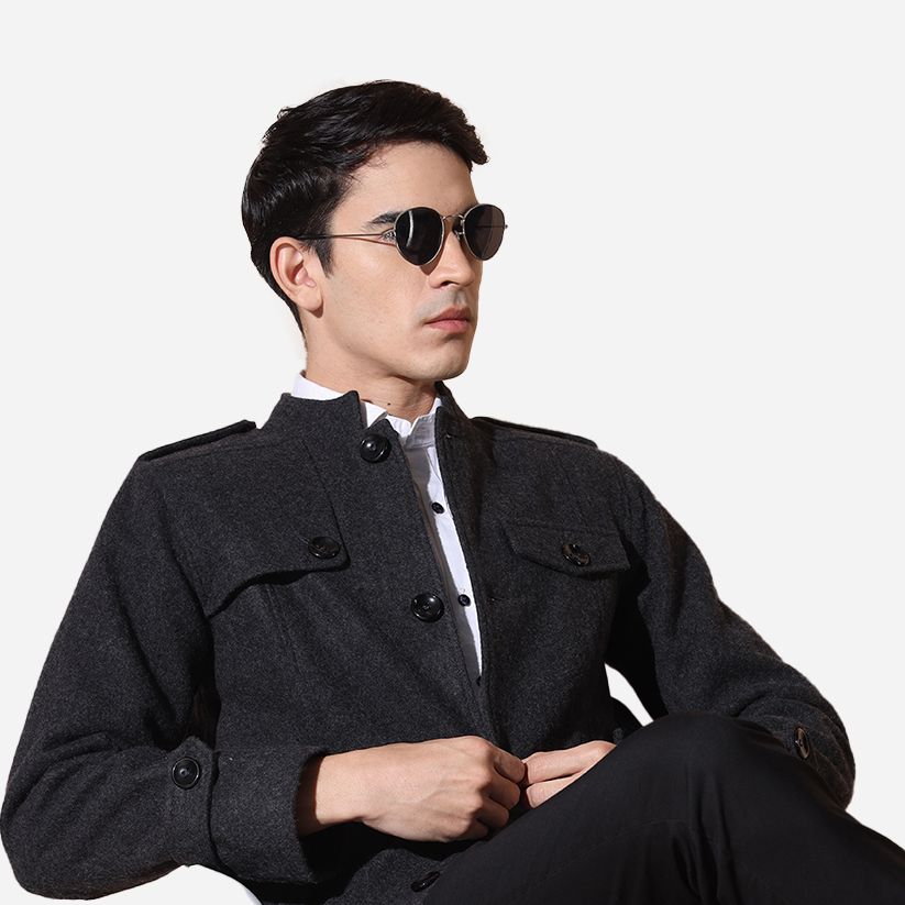 Pure Wool Mandarin Collar Jacket Charcoal Grey