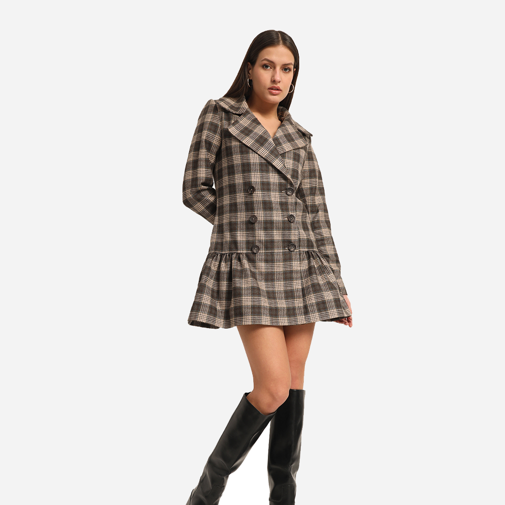 Brown Check Tweed Coated Dress