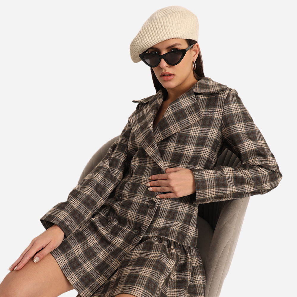 Brown Check Tweed Coated Dress