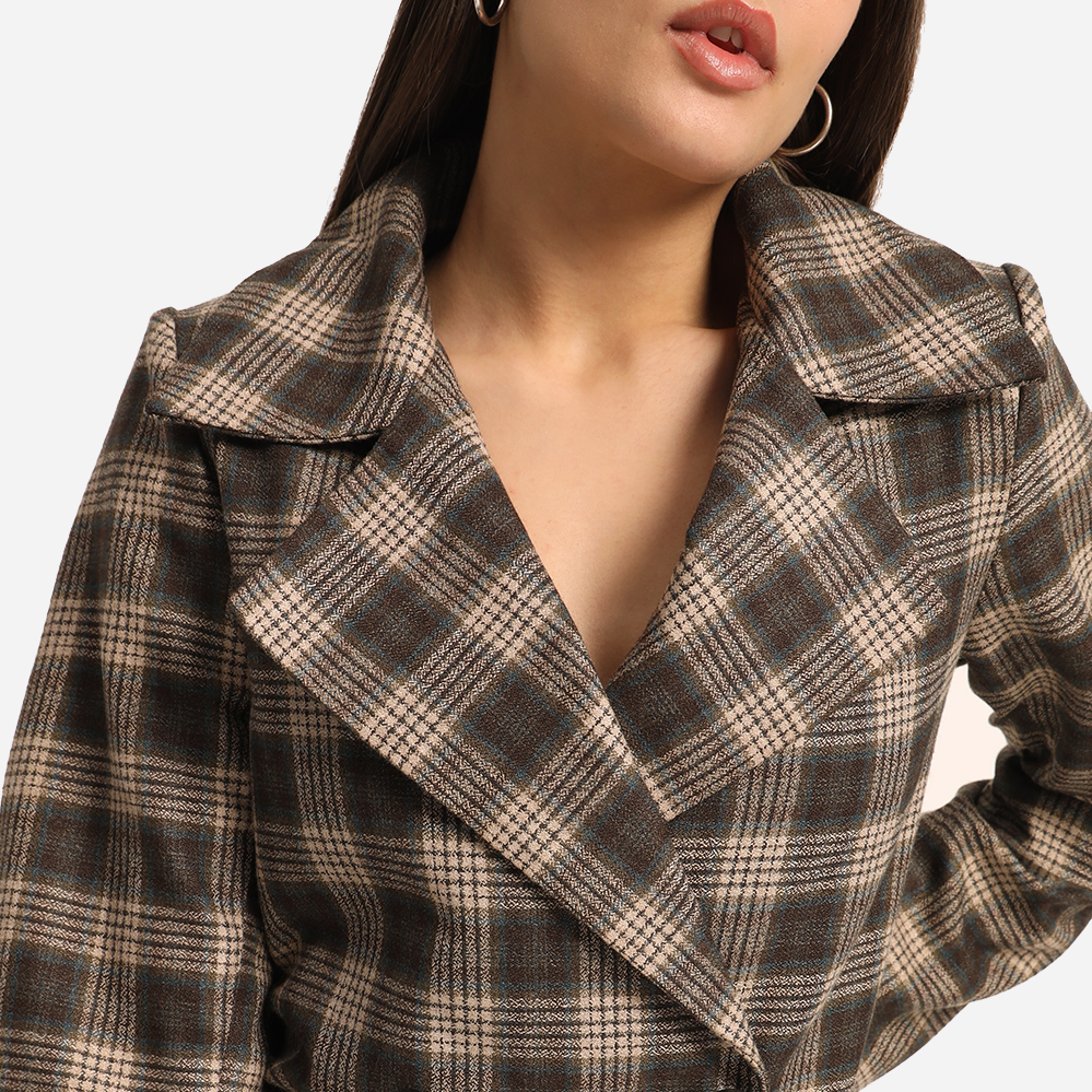 Brown Check Tweed Coated Dress