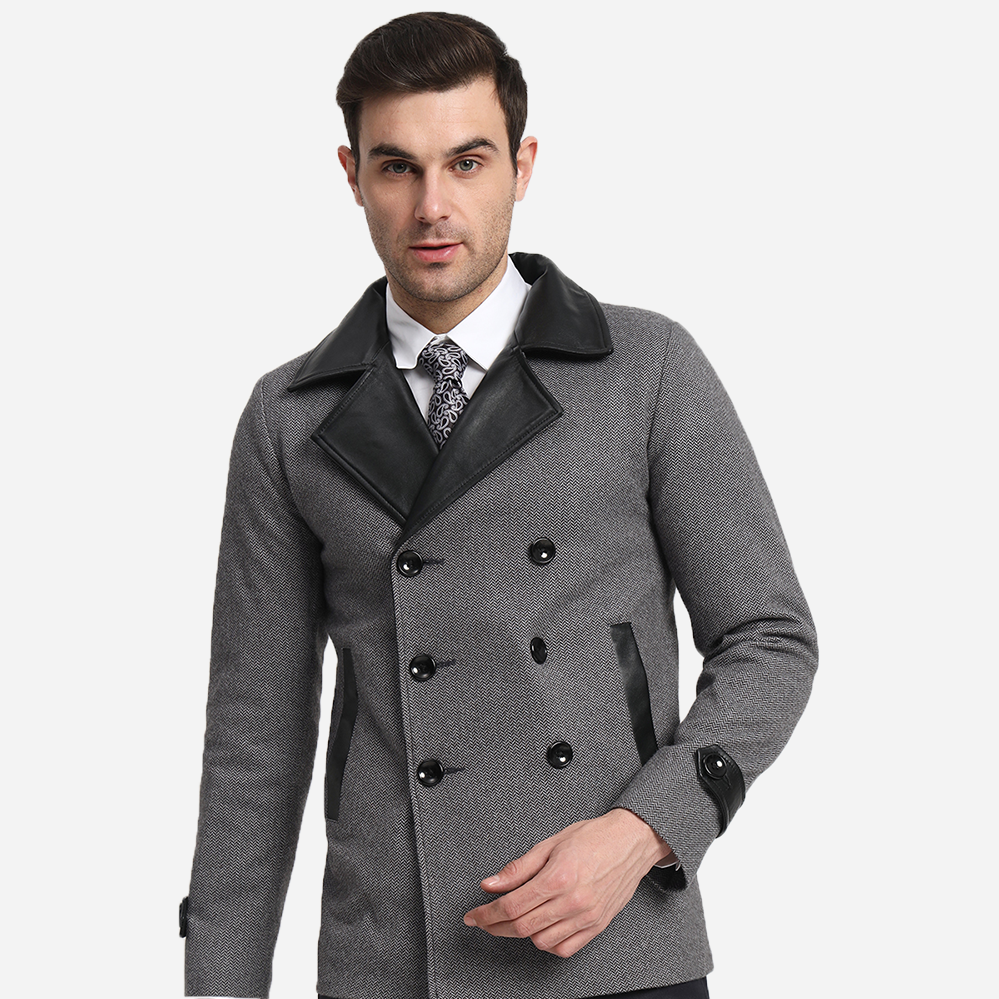 Mens Grey Herringbone Blazer With Pure Leather Collar