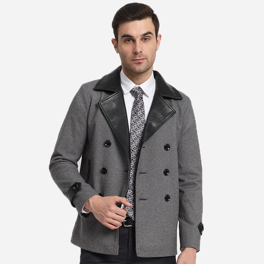 Mens Grey Herringbone Blazer With Pure Leather Collar