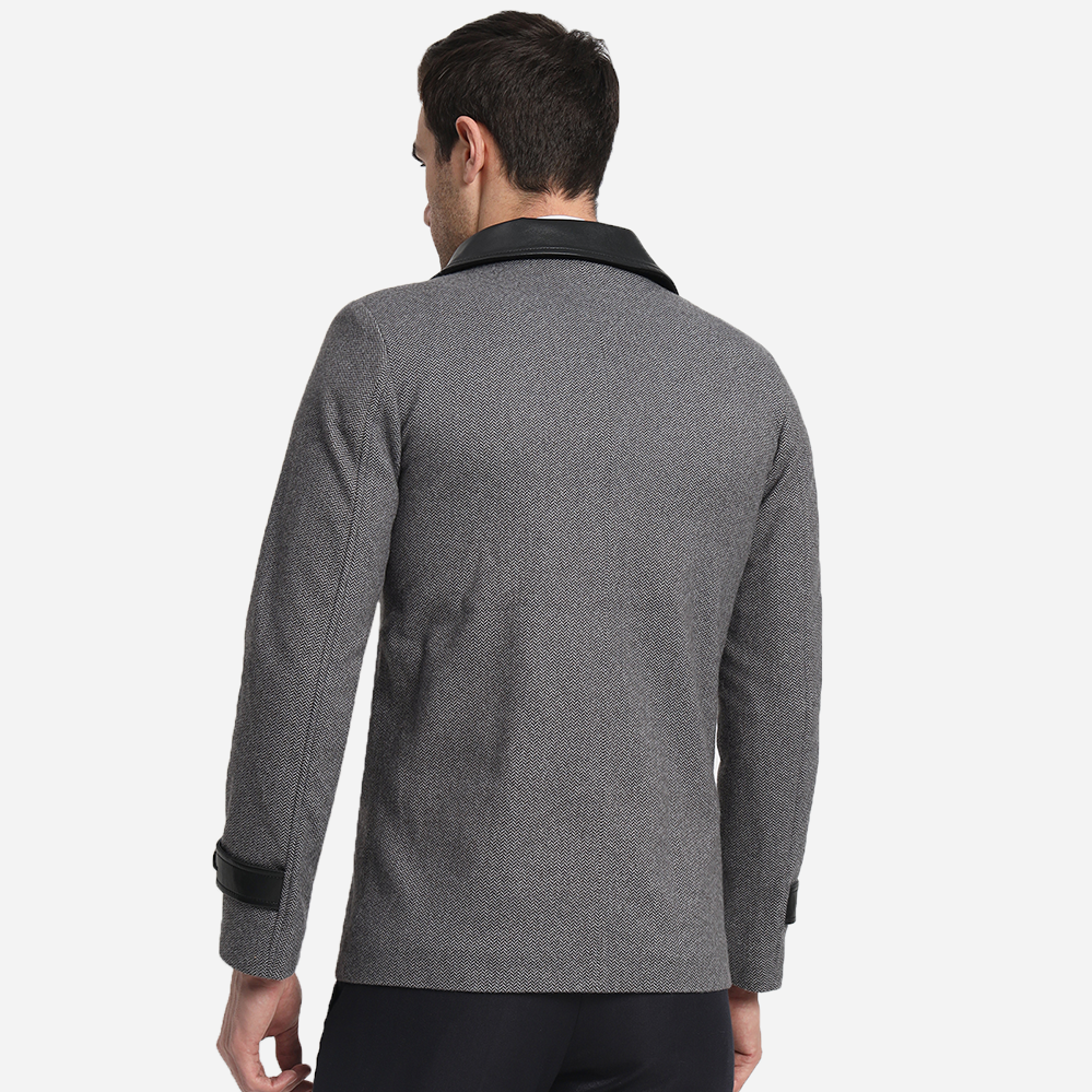 Mens Grey Herringbone Blazer With Pure Leather Collar