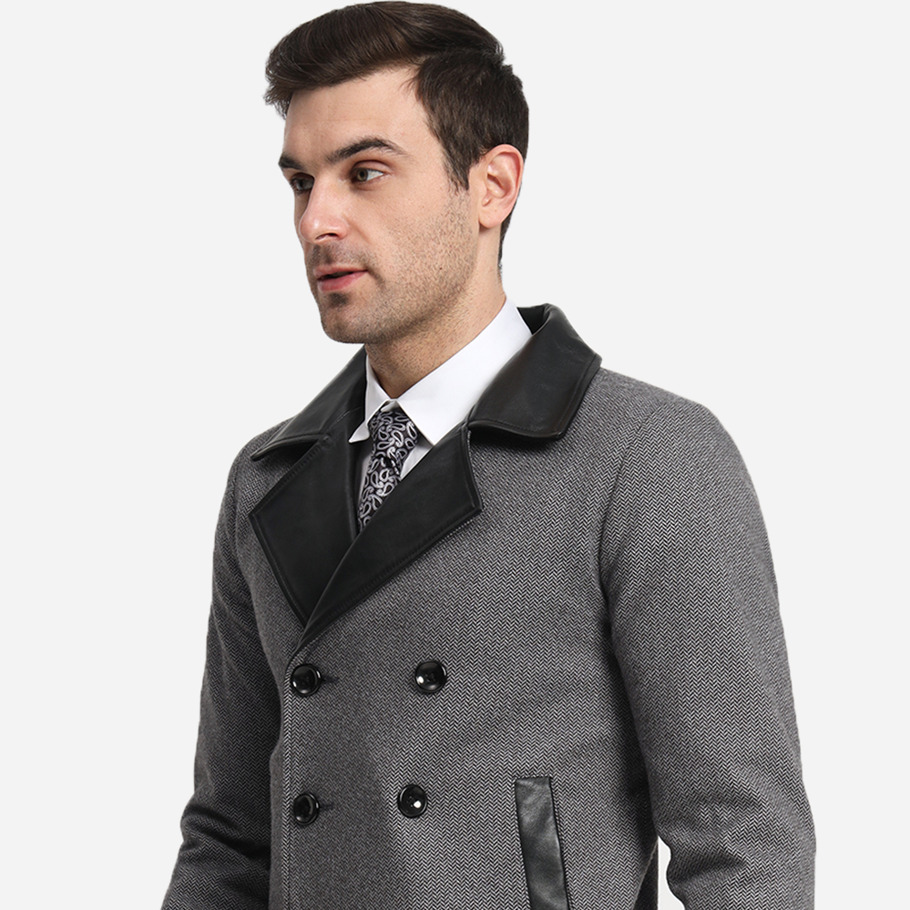 Mens Grey Herringbone Blazer With Pure Leather Collar