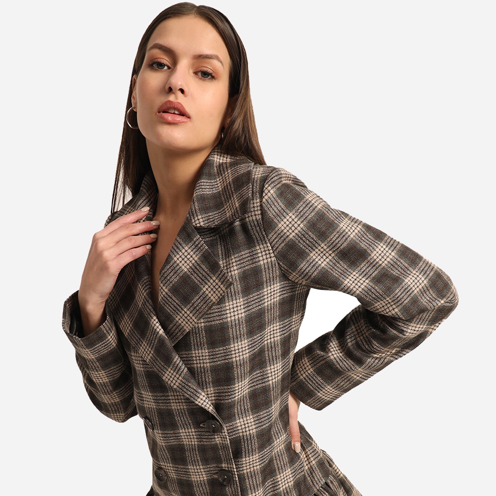 Brown Check Tweed Coated Dress