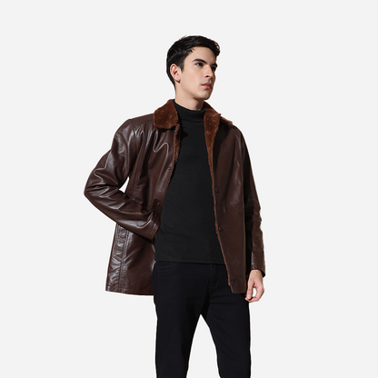 Brown Pure Leather Men Jacket With Faux Fur