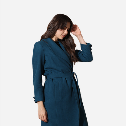 Teal Pure Wool Dropped Collar Belted Wrap Coat