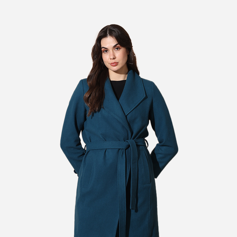 Teal Pure Wool Dropped Collar Belted Wrap Coat