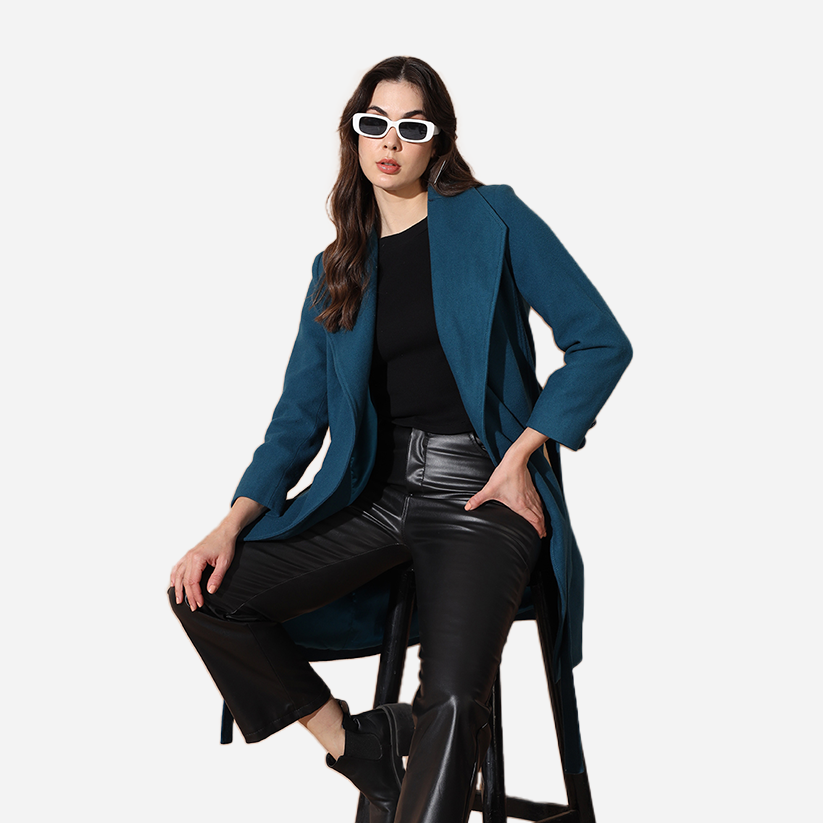 Teal Pure Wool Dropped Collar Belted Wrap Coat