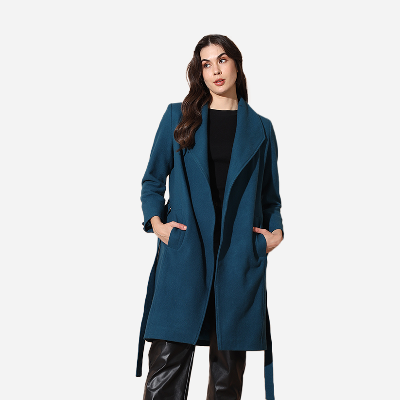 Teal Pure Wool Dropped Collar Belted Wrap Coat