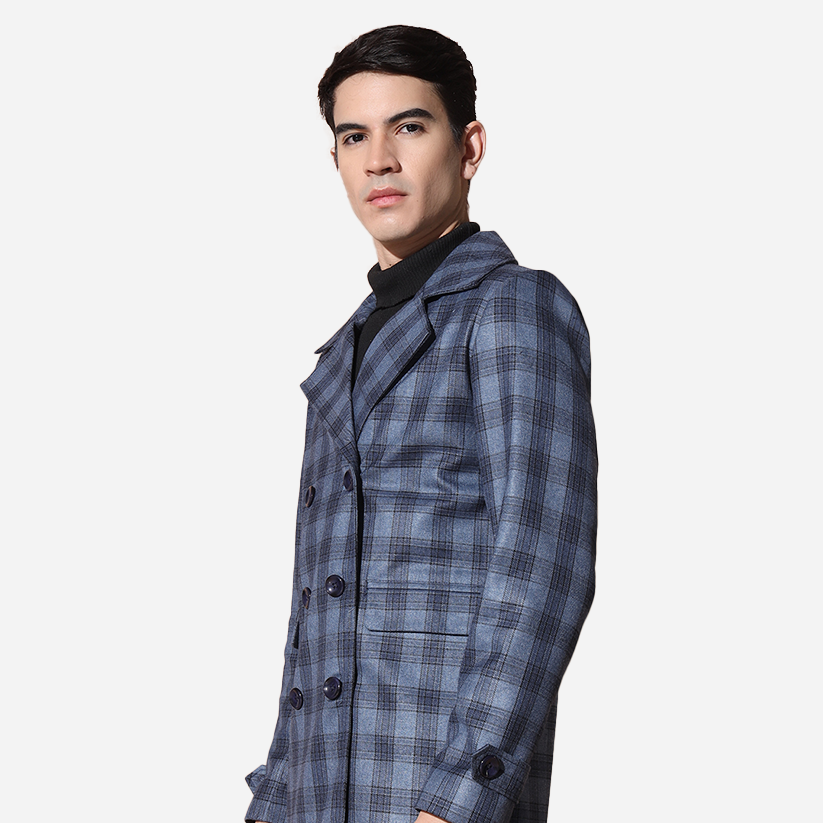 Men Blue Check Long Blazer