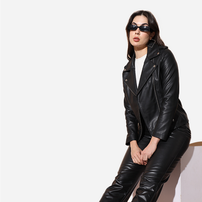 Women Black Pure Leather Bikers Jacket