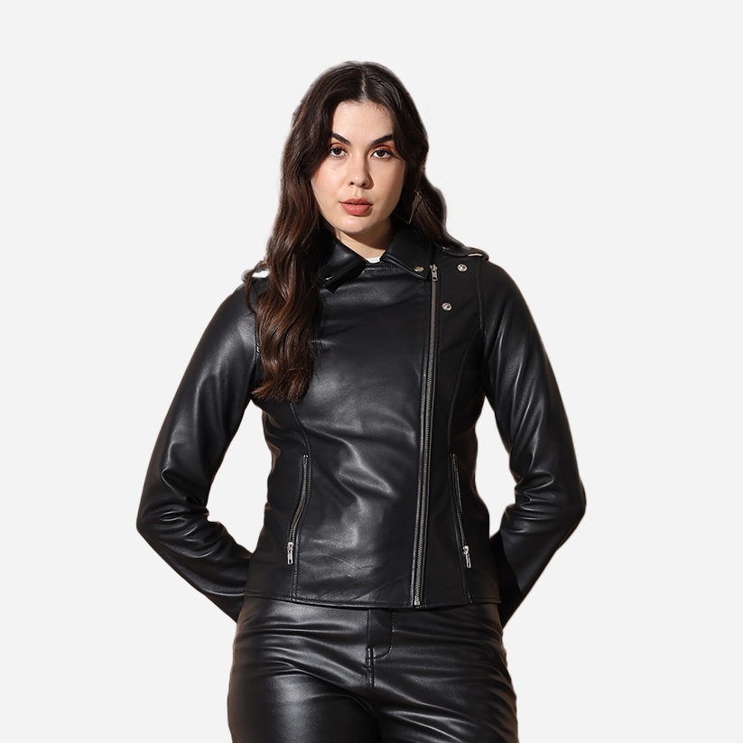 Women Black Pure Leather Bikers Jacket