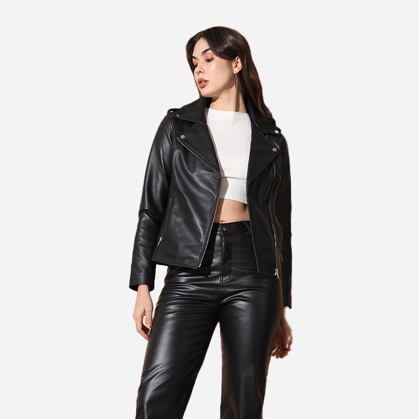 Women Black Pure Leather Bikers Jacket