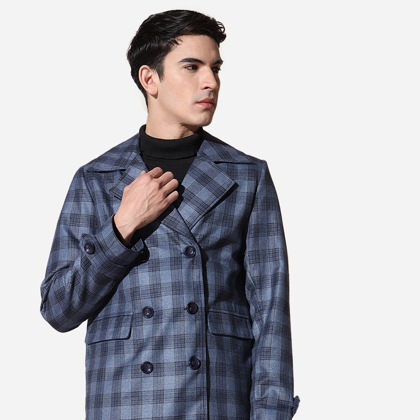 Men Blue Check Long Blazer