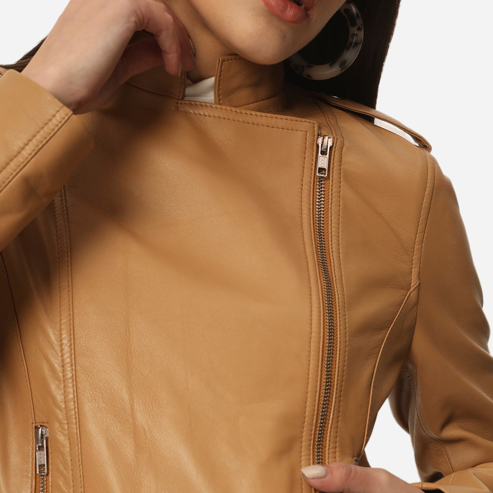 Women Flarred Pure Leather Bikers Jacket Beige