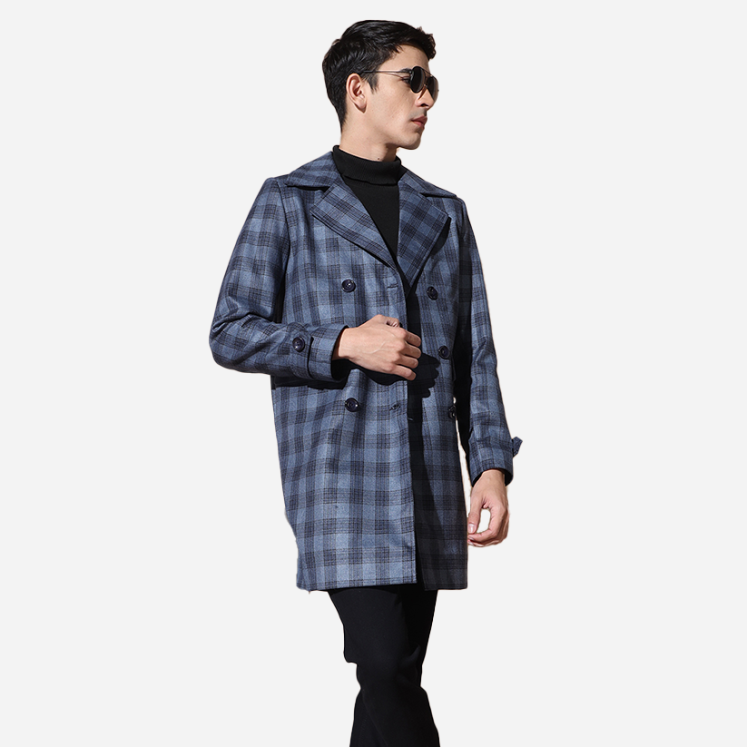 Men Blue Check Long Blazer