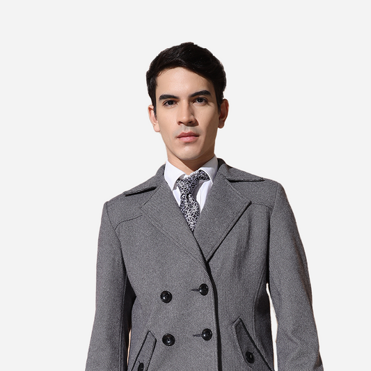 Men Grey Herringbone Blazer With Pure Leather Collar