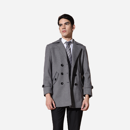 Men Grey Herringbone Blazer With Pure Leather Collar