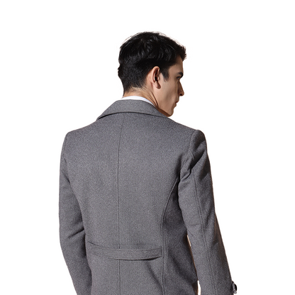 Men Grey Herringbone Blazer With Pure Leather Collar