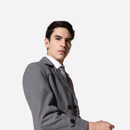 Men Grey Herringbone Blazer With Pure Leather Collar