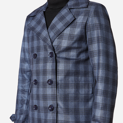 Men Blue Check Long Blazer