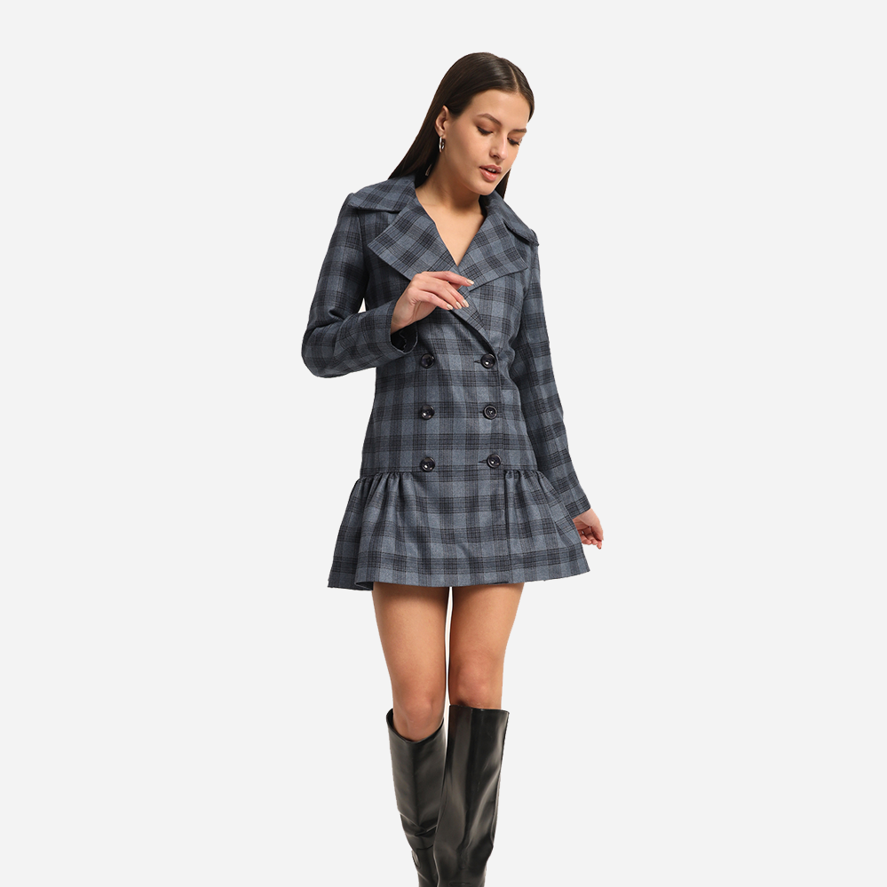 Blue Check Tweed Coated Dress