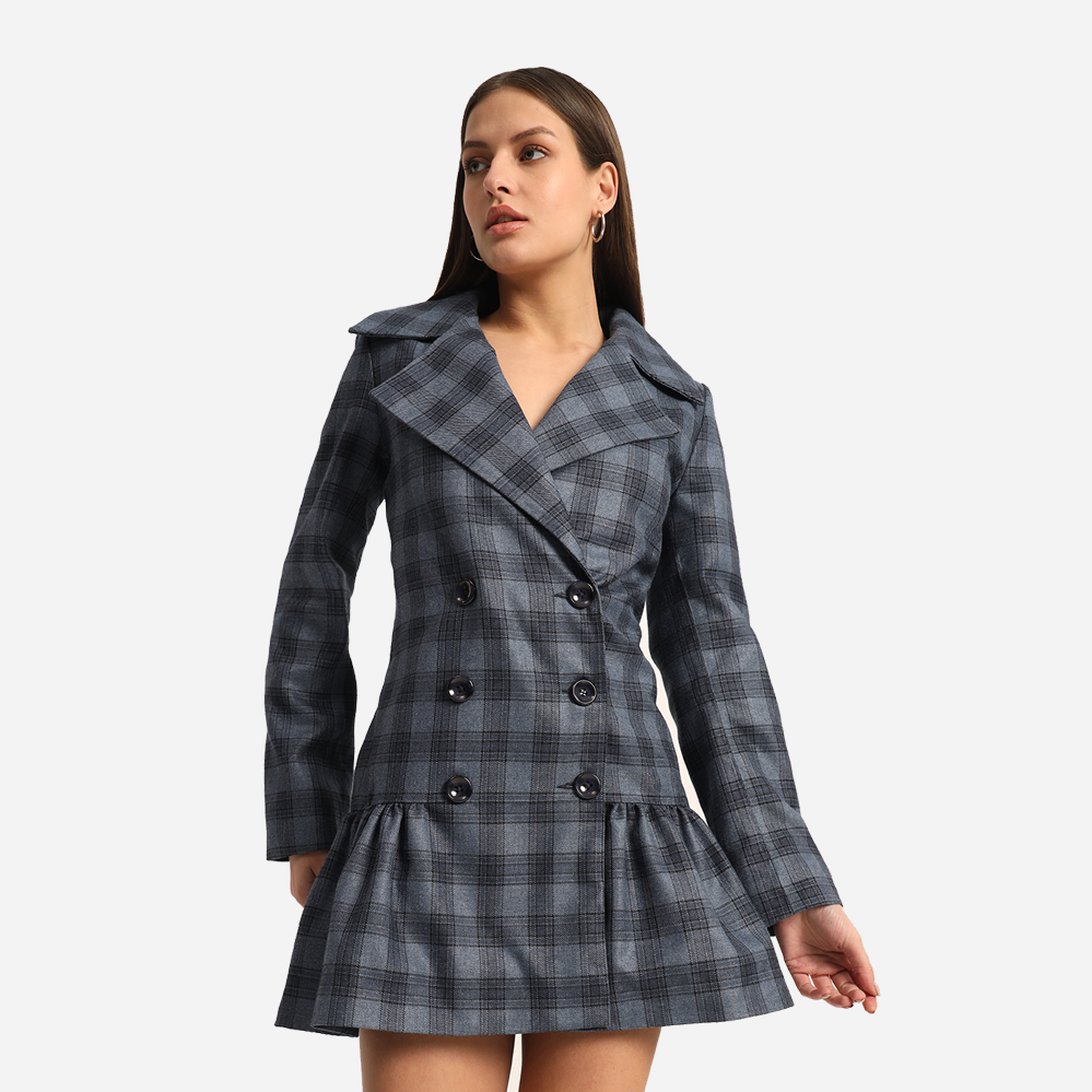 Blue Check Tweed Coated Dress