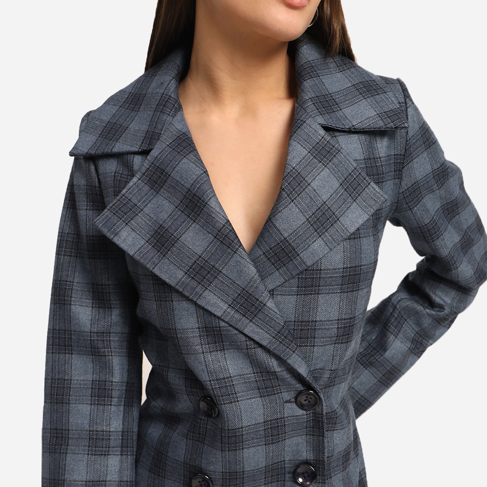 Blue Check Tweed Coated Dress