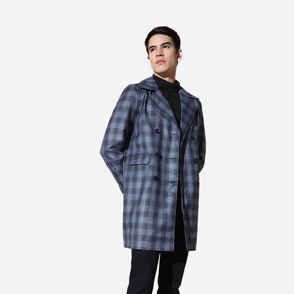 Men Blue Check Long Blazer