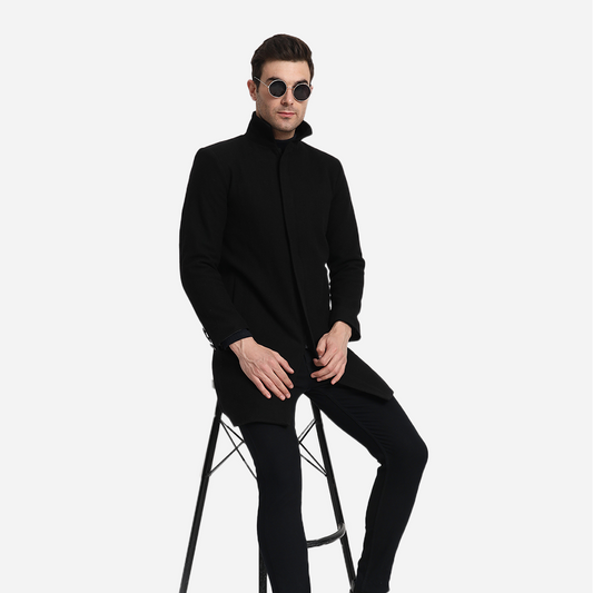 Pure Wool Funnel Neck Zipped Long Coat