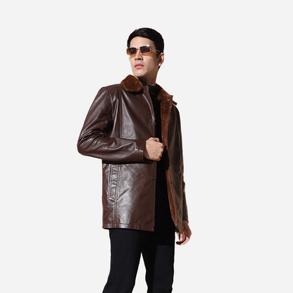 Brown Pure Leather Men Jacket With Faux Fur