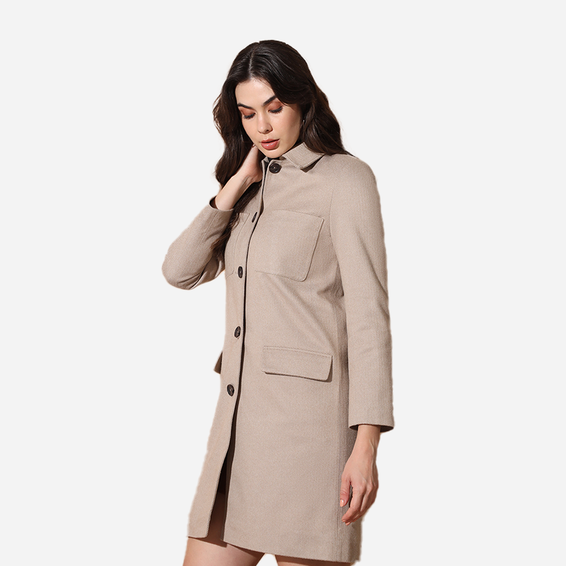 Beige Herringbone Long Coat