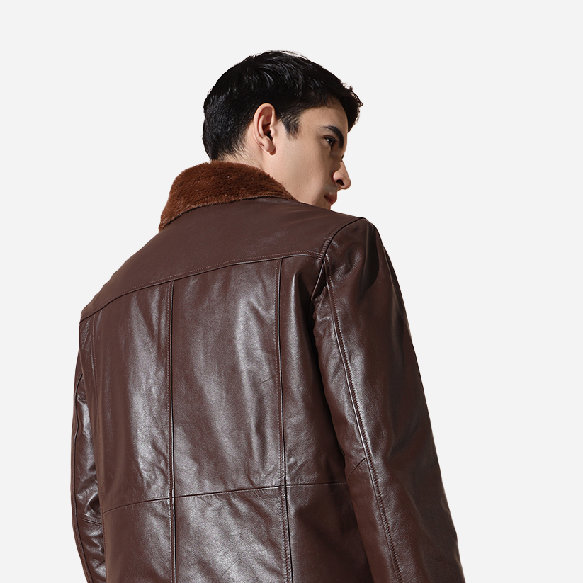 Brown Pure Leather Men Jacket With Faux Fur