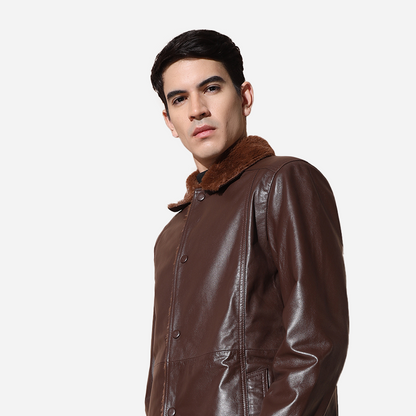 Brown Pure Leather Men Jacket With Faux Fur