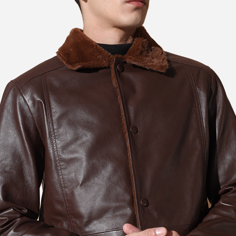 Brown Pure Leather Men Jacket With Faux Fur