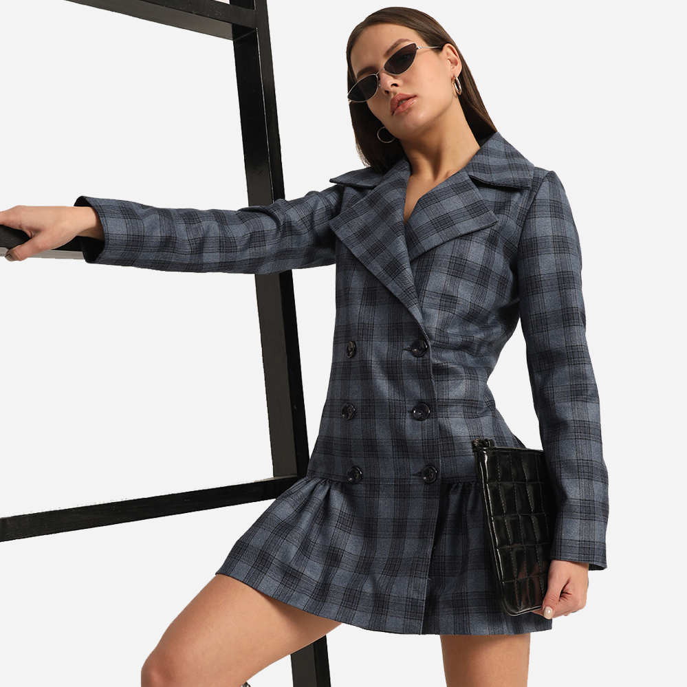 Blue Check Tweed Coated Dress